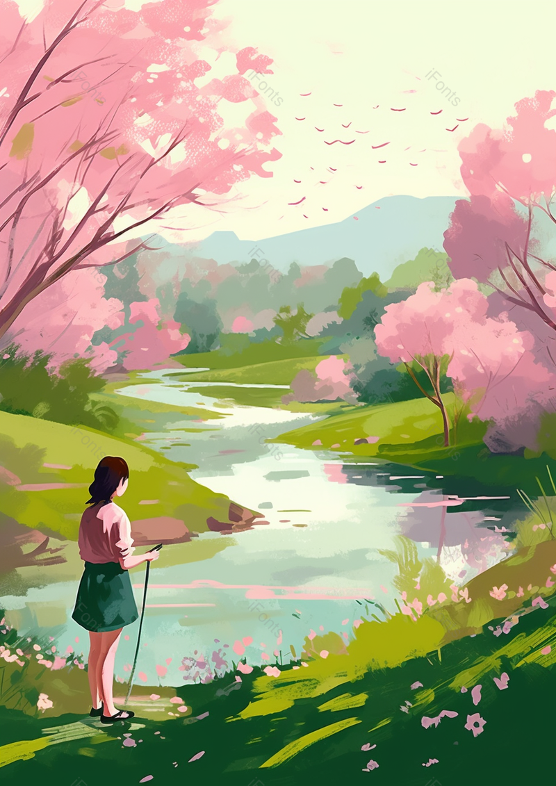 春天一个女孩在户外看风景,插画/手绘图,插画/手绘图库,插画/手绘图下载,插画/手绘